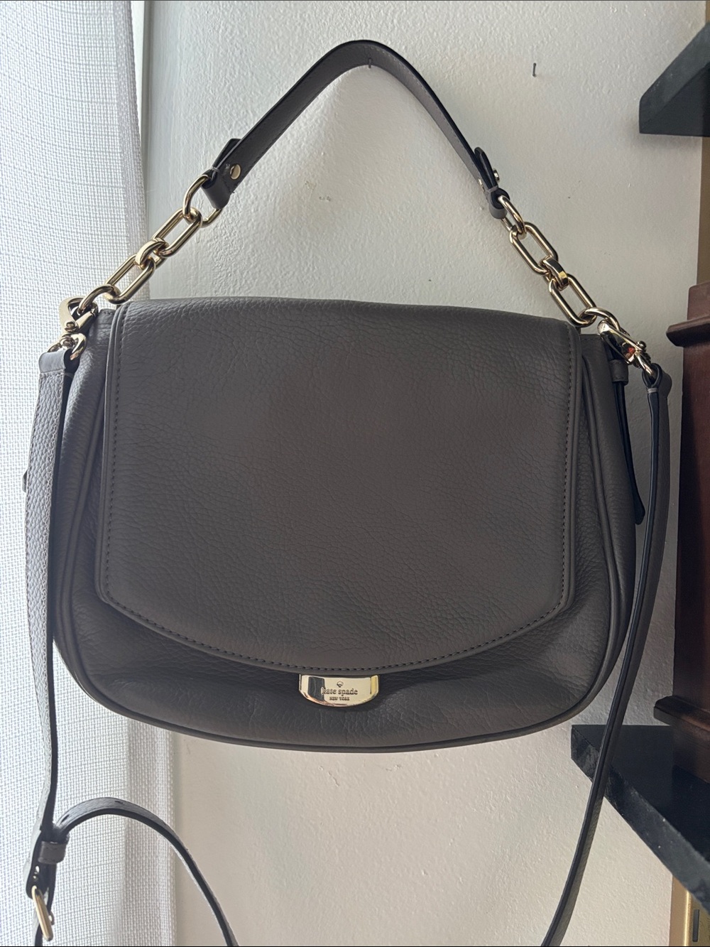 kate spade Gray Pebbled Leather Shoulder Bag with Gold Hardware
